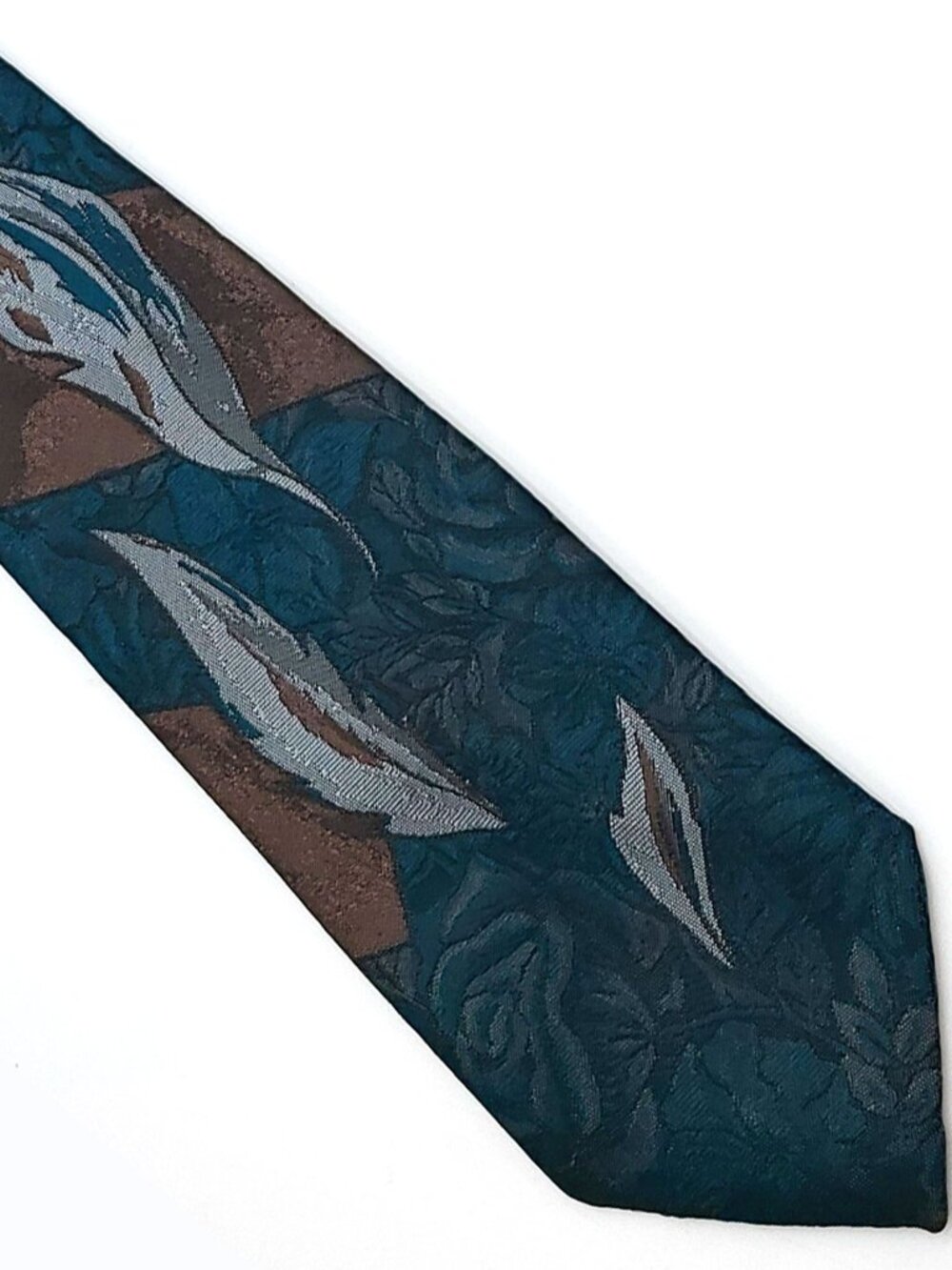WemSilk Wembley Teal Blue Gray Floral Feathers Jacquard Tie Necktie 3.75 x 58